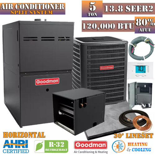 R32 Goodman 5 Ton 14 SEER2 AC & 80% AFUE 120,000 BTU Gas Furnace System ...