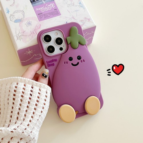 For iPhone 16 15 14 ProMax 13 3D Cute Cartoon eggplant Back Case Silicone Cover - Zdjęcie 7 z 16