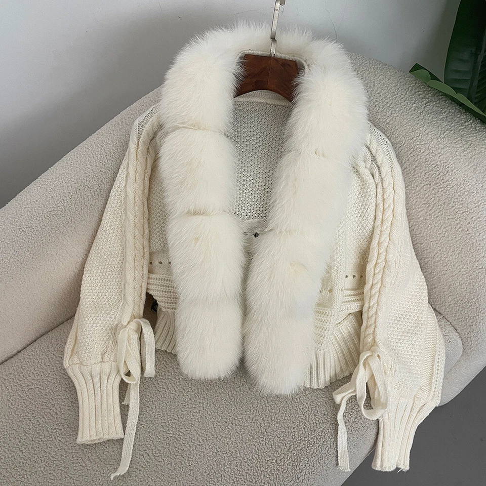 Cárdigan de piel de zorro real para mujer suéter abrigos chaqueta cálida suelta cuello en V Foto 2 de 4