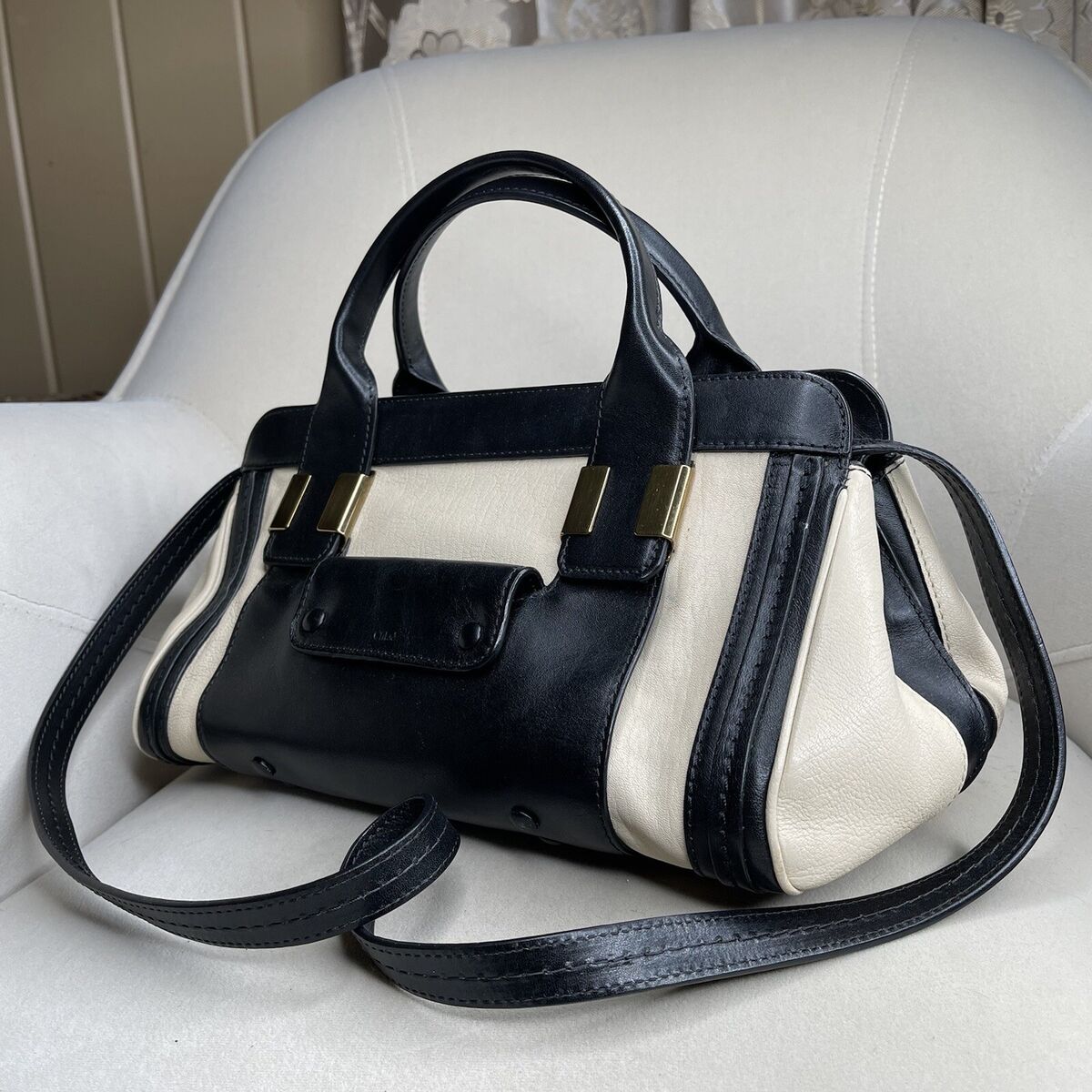 CHLOE Alice Cream & Black Leather Convertible Satchel Bag CHLOE Alice Cream & Black Leather Convertible Satchel Bag