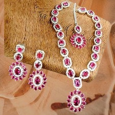 Indian Bollywood Silver Plated Ethnic AD CZ Jewelry Earrings Necklace Bridal Set