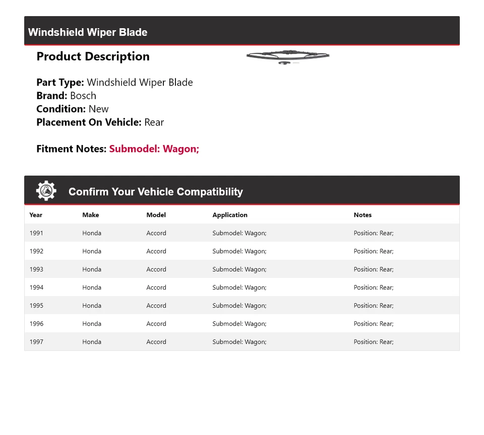 Limpiaparabrisas para Honda Accord Wagon Bosch 1991-1997 Excel+ trasero 1992 Foto 2 de 3