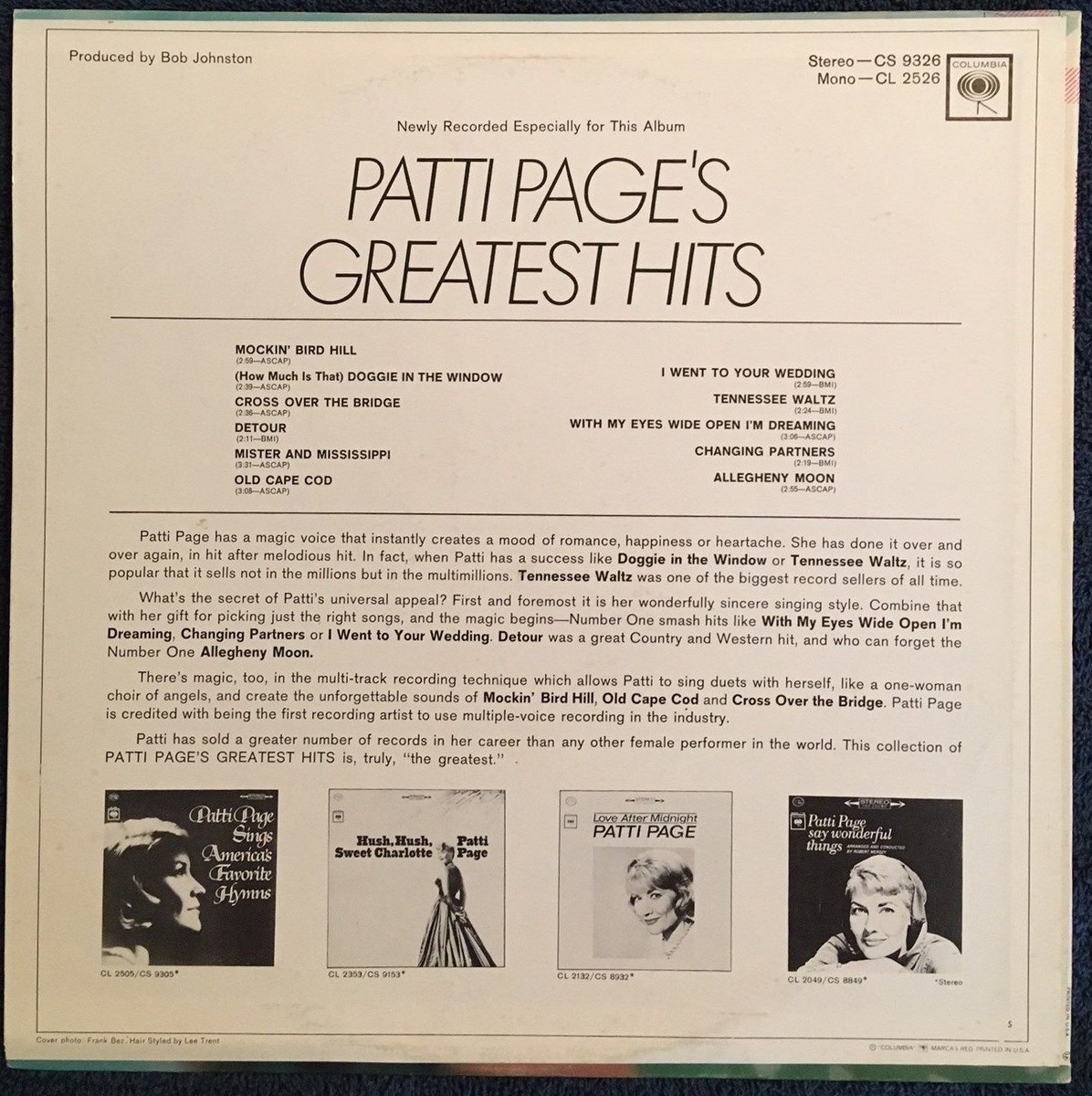 Patti Page - 'Patti Pages's Greatest Hits' vinyl CS 9326