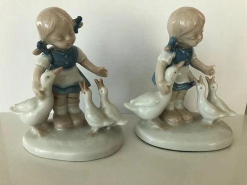 Blue Crown #382GDR-1877 Bone Matching Pr. GIRL w/DUCKS Figurine Bone China 