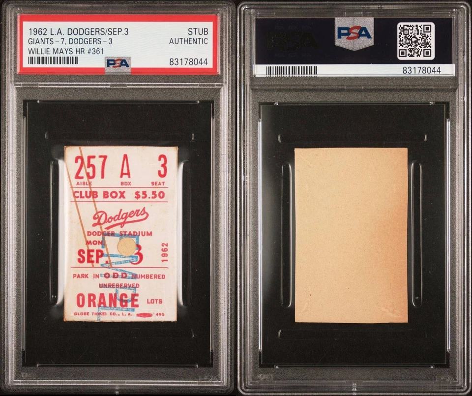 1962 WILLIE MAYS HR #361 TICKET STUB 9/3/62 SF GIANTS VS LA DODGERS POP 2 PSA - Image 3 of 4