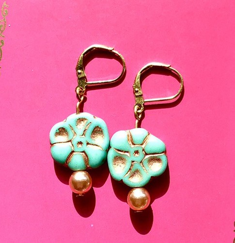 Unikat Türkis Gänseblümchen Blume Gold Hebel Rücken Ohrringe Glas Pfirsich Glasperle - Bild 2 von 5