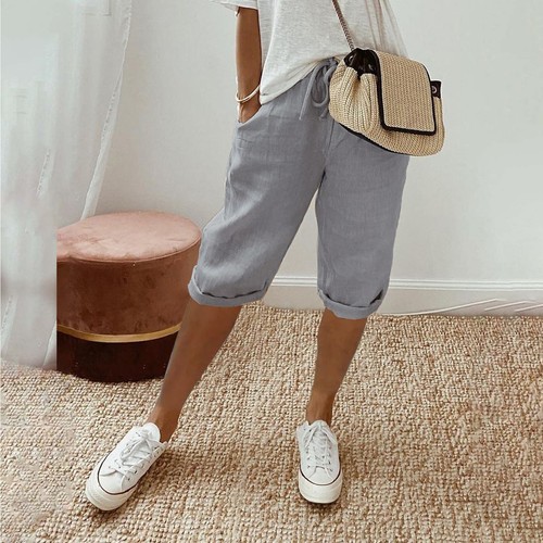 Womens Knee Length Short Pants Ladies Loose Drawstring Casual Solid Color Shorts - Picture 40 of 60