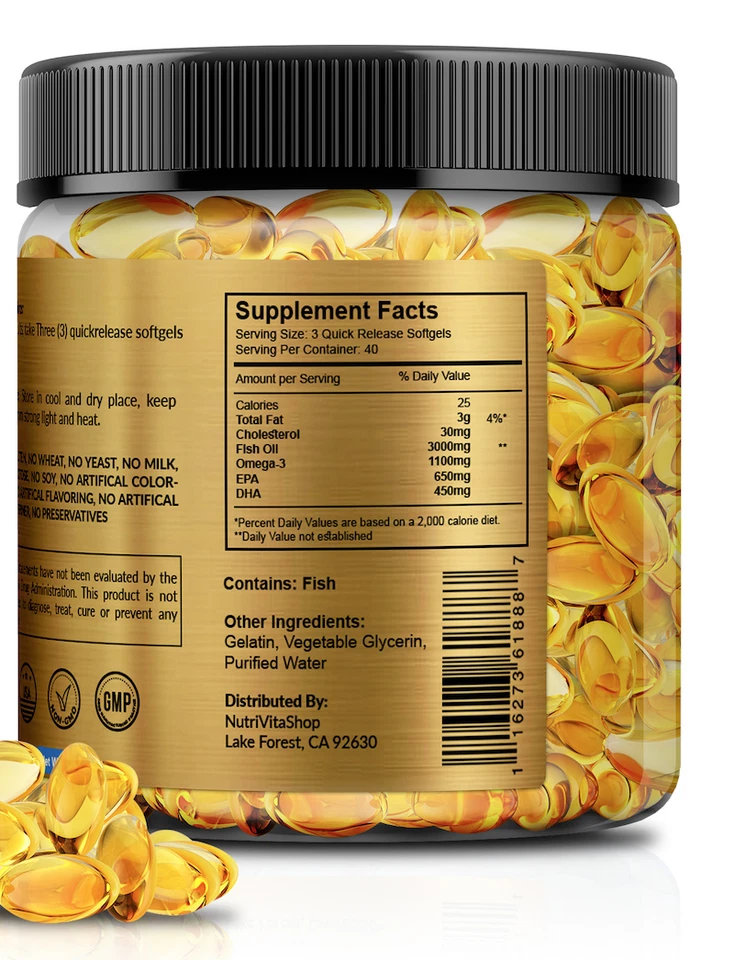 Omega 3 Fish Oil Capsules 3x Strength 3000mg EPA & DHA Softgels USA - Image 4 of 4