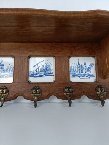 antique Coat Hat Kitchen rack Carved Wood Ceramic Delft tiles Blue white barn st - Picture 6 of 9