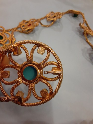 Rare Stunning Goldtone Faux Jewel CabochonStone Dual Chain Floral Belt 32.5" L - Picture 8 of 11