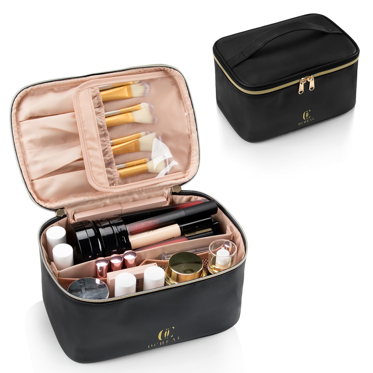 cool makeup travel bags Large Clear Cosmetics Case in Stone and everyday glam Standup Brush Holder & Travel