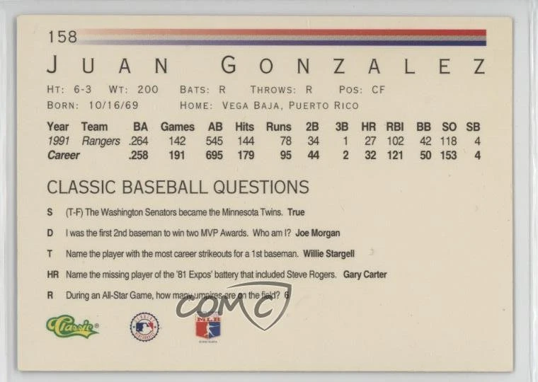 1992 Classic Juan Gonzalez #158 - Image 2 of 2