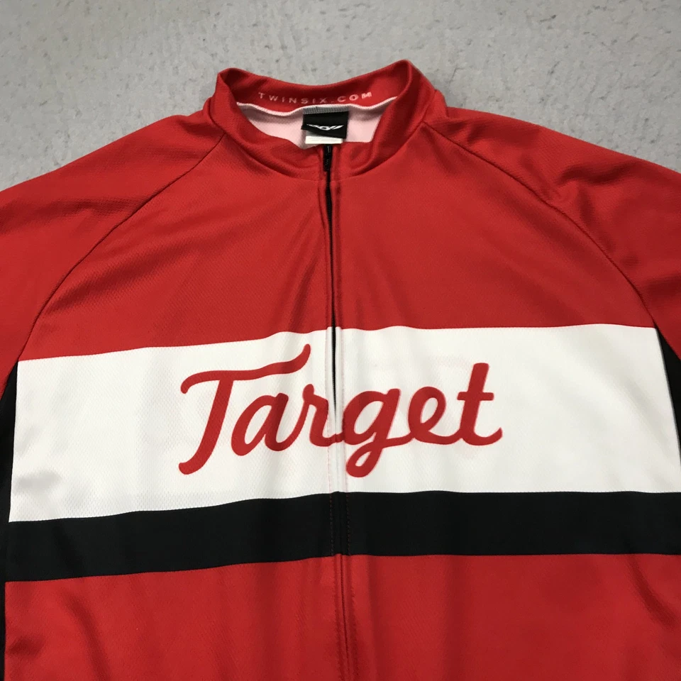Camiseta deportiva de ciclismo Twin Six vintage para hombre XL roja con logotipo de escritura de objetivo con cremallera bolsillos para bicicleta Foto 2 de 4
