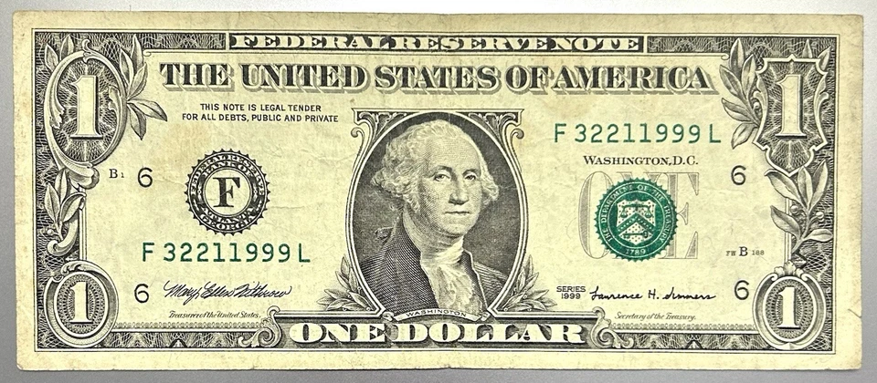 Rare Matching 1999 Series + Serial $1 Bill Federal Reserve Note - Image 2 of 3