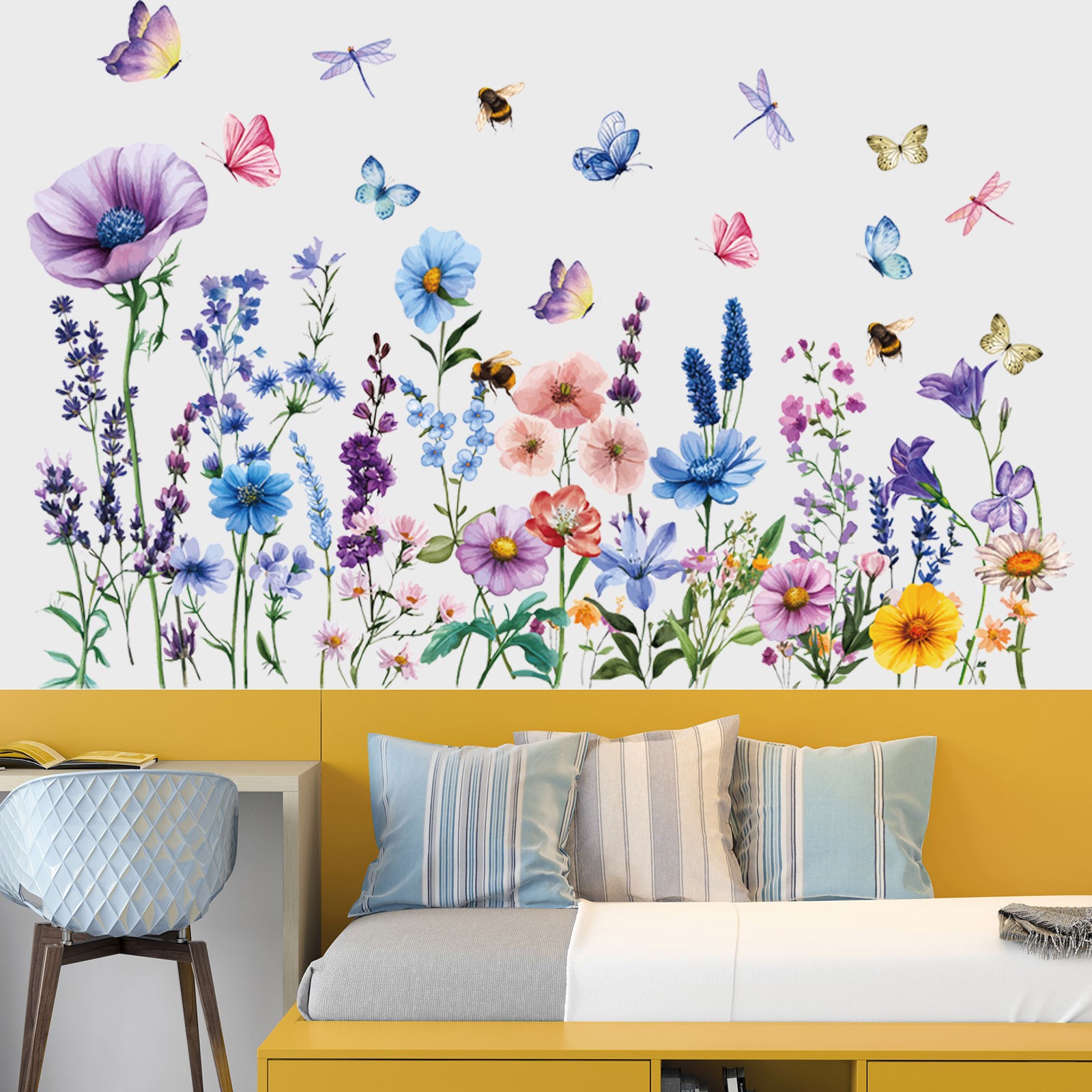 Watercolor Floral Wall Stickers with Colorful Dragonflies, Peel and Stick Mural