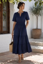 Quince 100% Organic Cotton Navy Maxi Dress M Smocked Waist Tiered Pockets