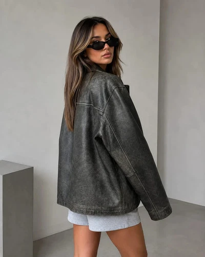 Genuine Sheep Leather Jacket Women, Oversized Distressed Grey Leather image 2