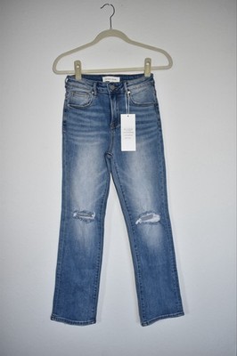 RISEN JEANS High Rise Distressed Straight Blue Denim Medium Wash Women's Jeans