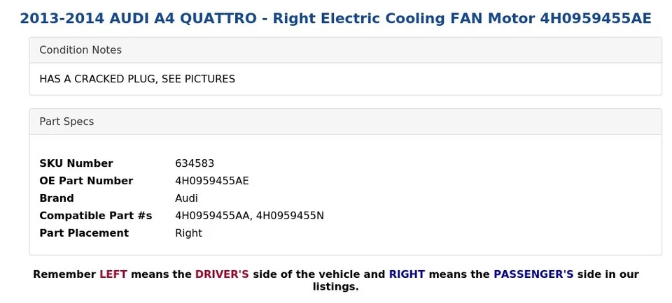 AUDI A4 QUATTRO 2013-2014 - Motor ventilador eléctrico derecho 4H0959455AE Foto 4 de 4
