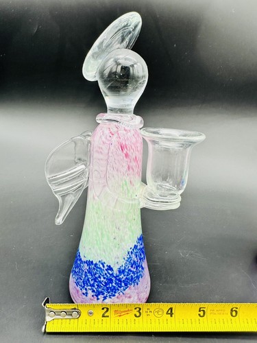 Pair (2) Hand Blown Art Glass Pink Blue Green Tapered Angel Candle Holders 9” - Picture 9 of 10