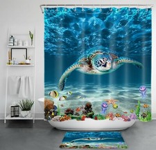 Blue Ocean Tropical Beach Sea Turtle Shower Curtain Bathroom Accessories Set