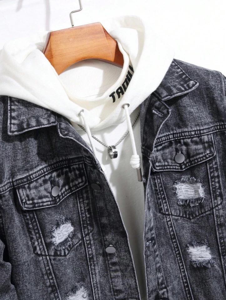 Chaqueta Vaquera Gris Para Hombres Desgastada Mezclilla de Invierno Abrigos - Image 3 of 4