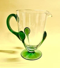 Sussmuth Clear Glass Pitcher with Applied Green Blob Accent, Green Handle & Base