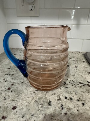 Vtg. Pink/ Blue Beehive Depression Glass Pitcher Jug 6 1/2'', 42fl Oz, 1.5lb