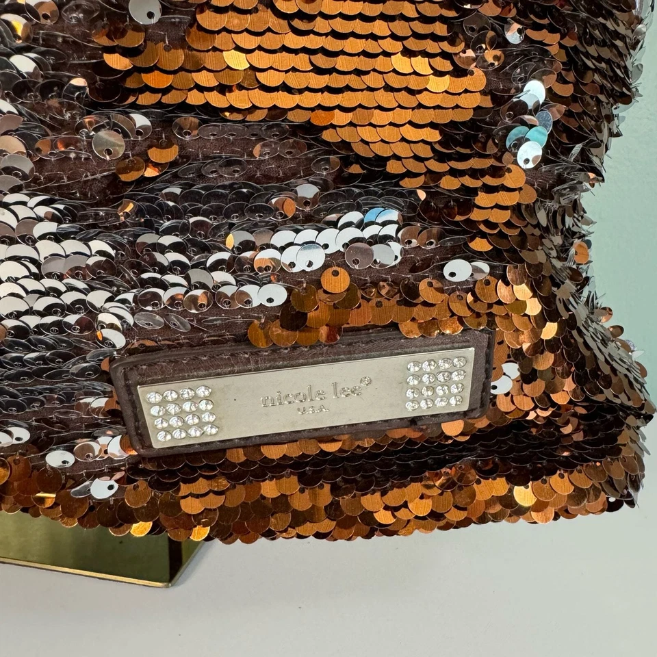 NICOLE LEE Shoulder Bag Womens Golden Sequins Rhinestones Drawstring Brown USA - Image 3 of 4