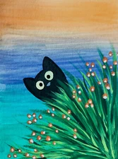 ACEO Mini *Art Print* Black Kitty Cat Kitten Hiding in Grass by Saulite