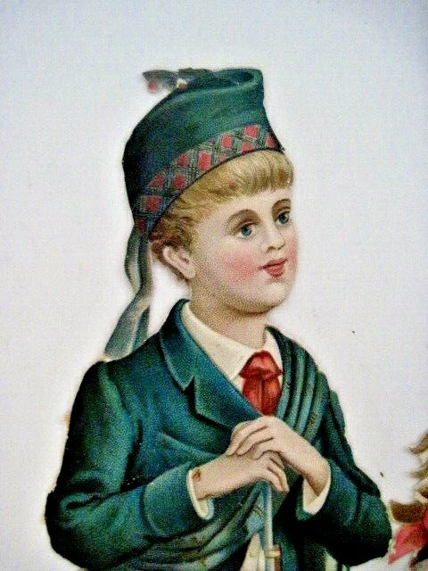 Encantador troquelado vintage de niño escocés con falda escocesa y niña con pala y sombrero* Foto 3 de 4