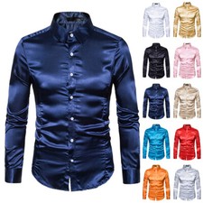 Herren Satin Seide Freizeit Hemd Slim Hochzeit Party Langärmlig Knöpfe Top ∅