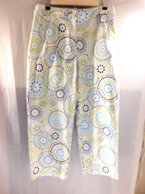 Talbots Strech Crop Pants, Size 10 White with Geometric Designs, Pockets