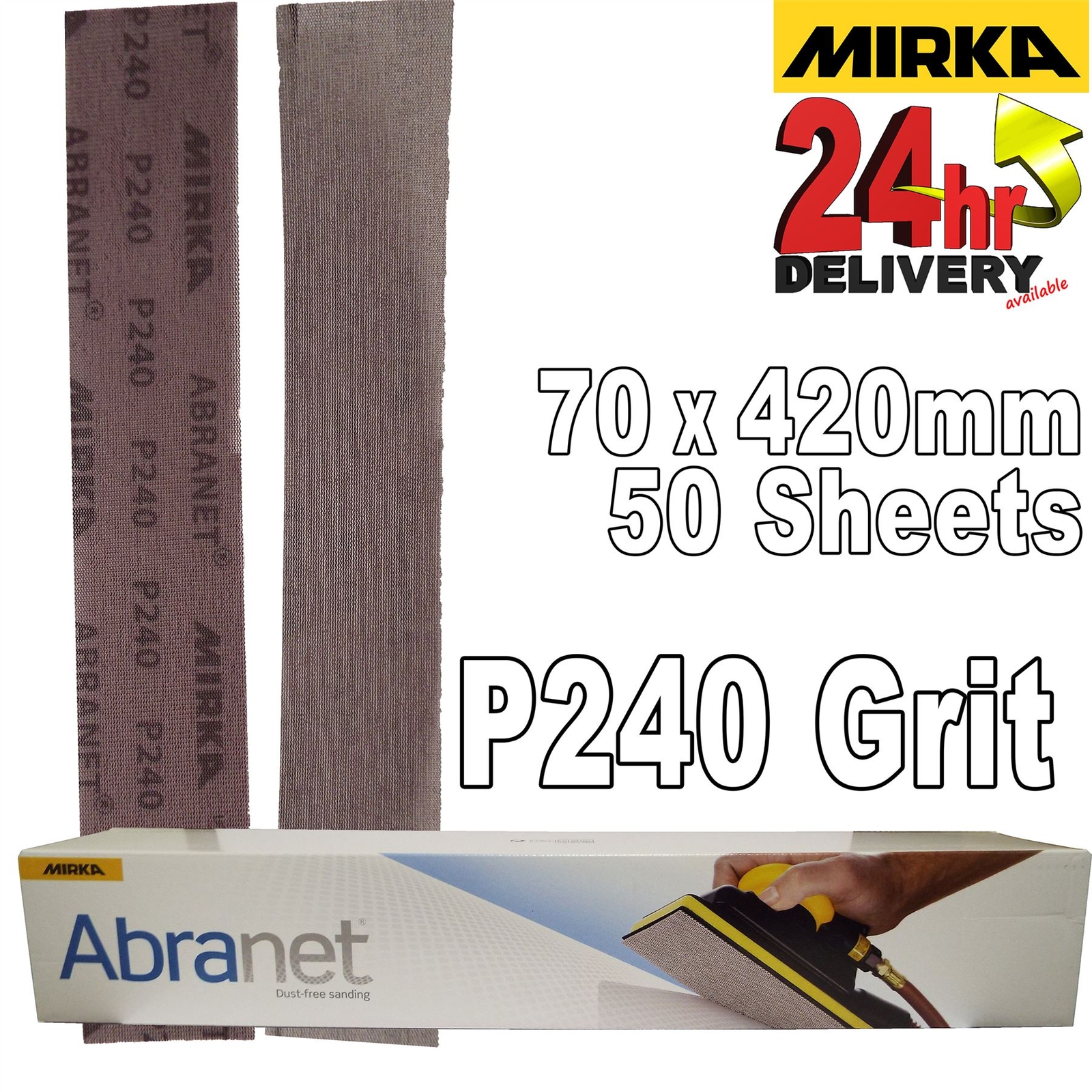 Mirka Abranet Sanding Strips 70x420mm P240 Grit 50x HookNLoop Dust Free Abrasive