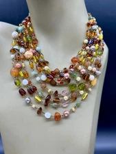 FAUX PEARL AMBER YELLOW ORANGE SIGNED CELLULOID BEAD MULTI STRAND NECKLACE