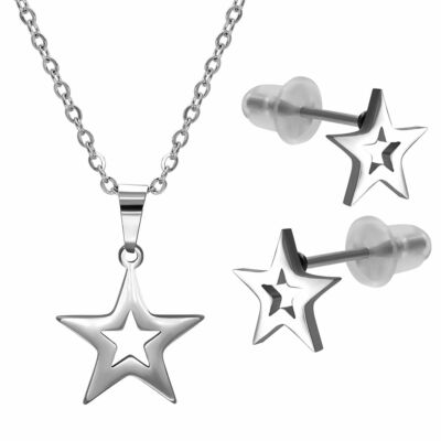 Set Kette mit Stern Anhänger und Sternchen Ohrstecker Schmuckset Glücksbringer