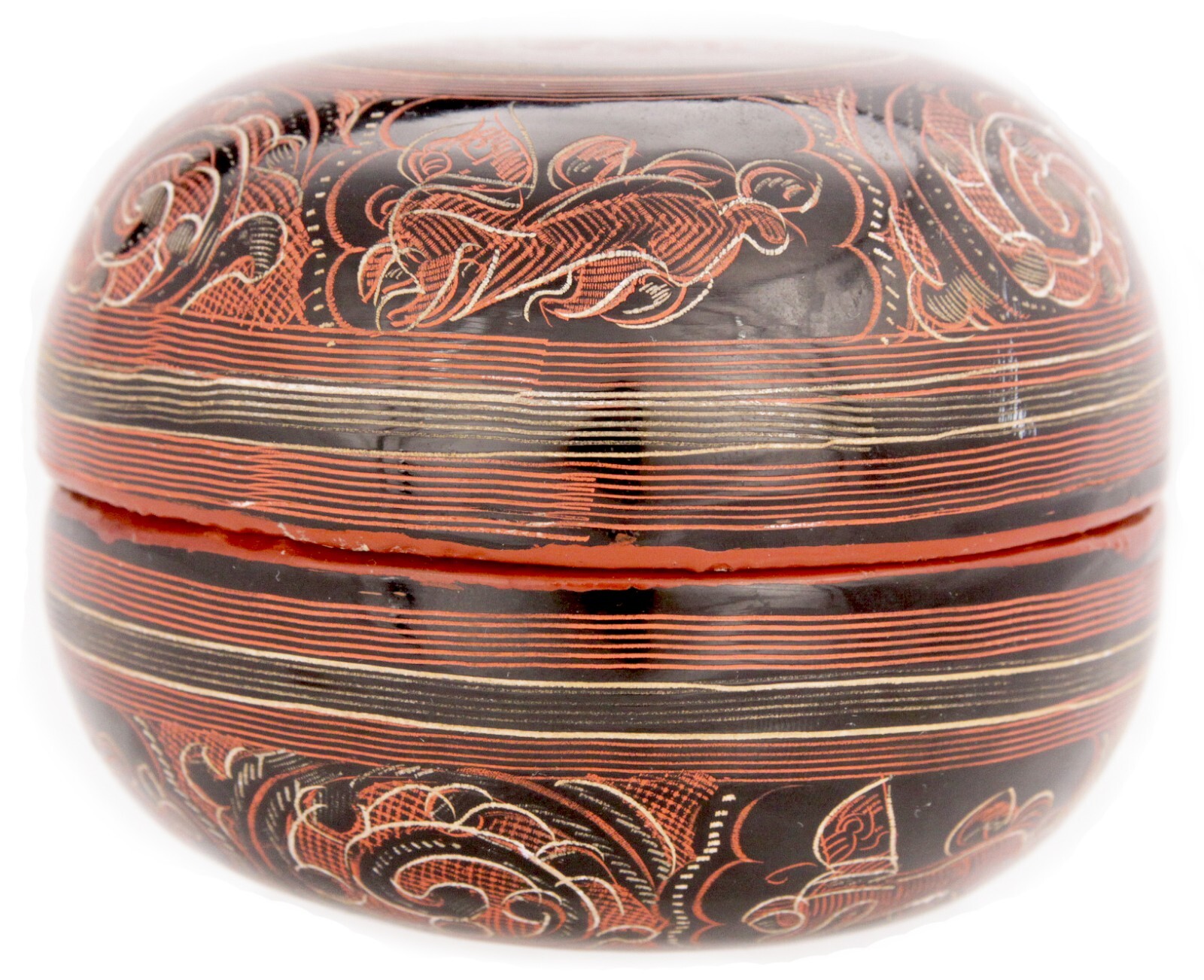 Vintage Burmese Etched Yun Lacquer Round Box Container Burma SE Asian Old