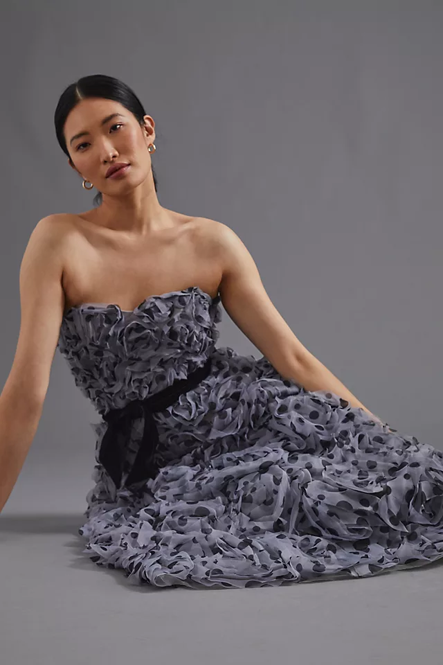 geisha designs ruffled strapless dress Anthropologie Geisha Designs Appliqued Tulle Strapless Midi Dress-6P-$380  A628