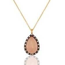 Natural Rose Chalcedony CZ Birthstone Jewelry 925 Sterling Silver Chain Pendant