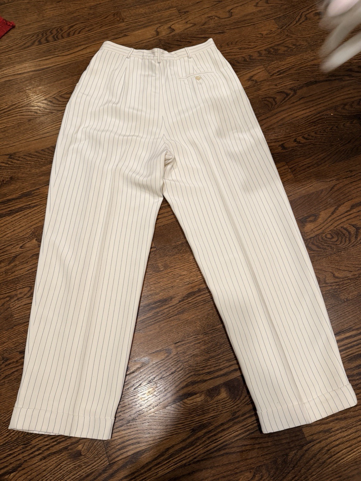 Lauren Ralph Lauren 100% Silk White Blue Pinstripe Dress Pants 14 Cuffed Lined thumbnail 3