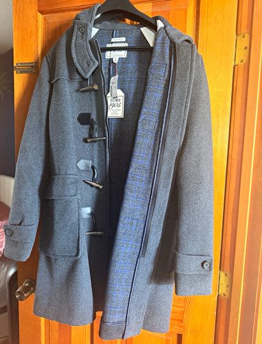 JoS.A. Bank Tailored Fit Hooded Toggle Duffle Coat Gray/Blue Plaid L