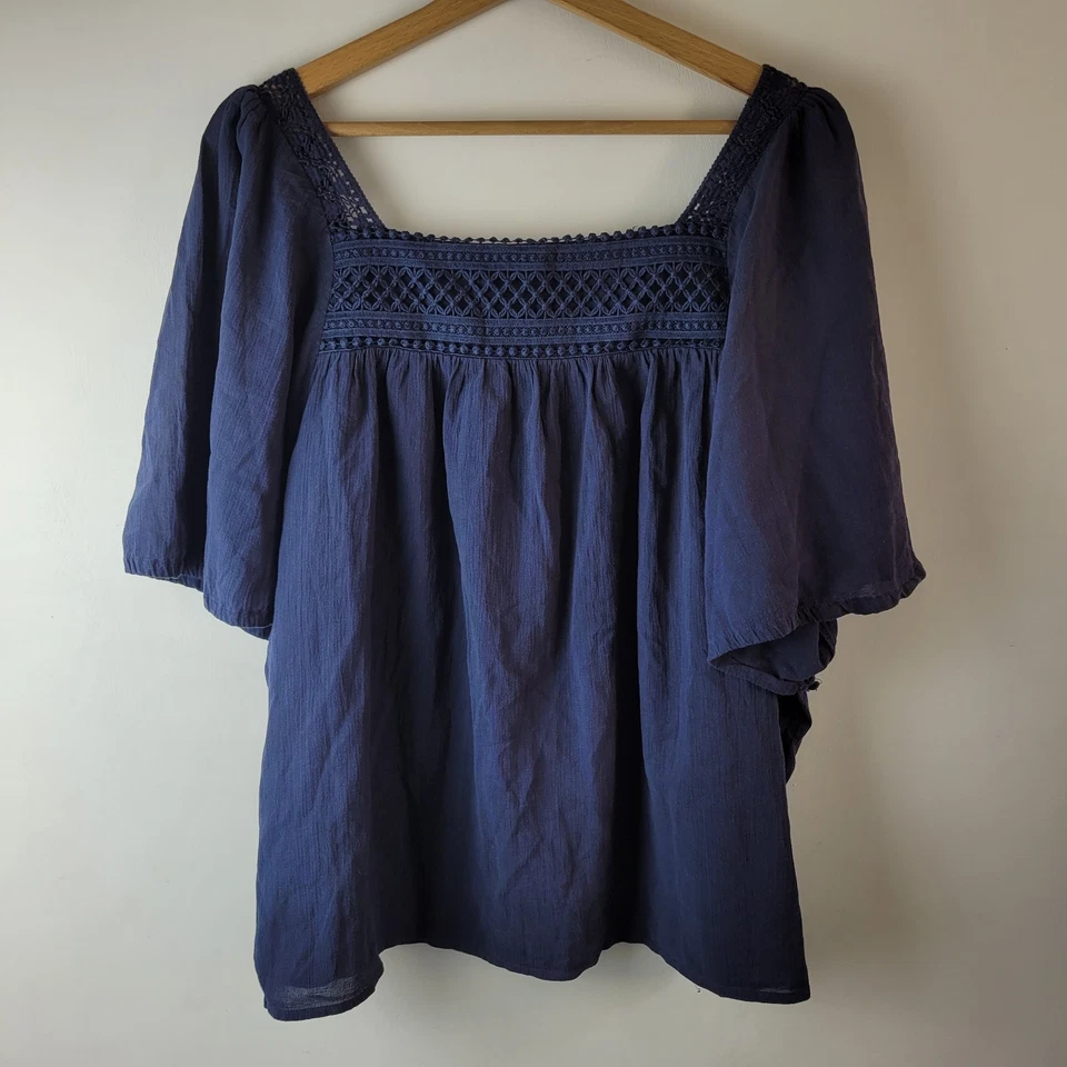 M&S Women Size 18 Navy Blue Embroidered Blouse Boxy Casual Summer Pretty Cottage - Image 2 of 4