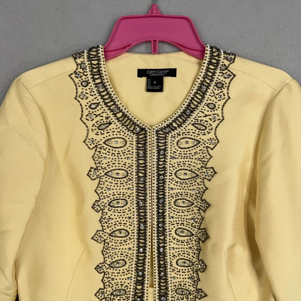 Chaqueta Karen Kane Mujer 4 Amarillo Seda Cuentas Adornada Recortada Formal Blazer Foto 2 de 4