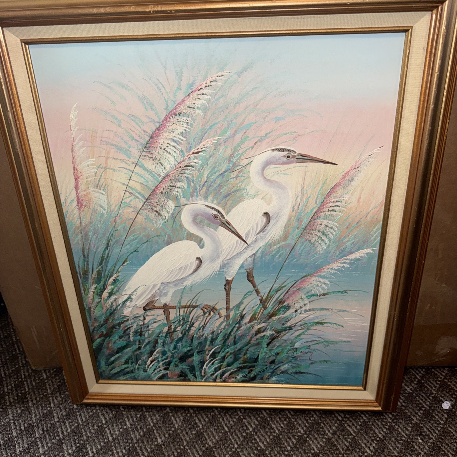 VTG Signed A.Maley Original Oil Canvas Painting White Egrets/Marsh 20x24 Framed 
