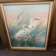 VTG Signed A.Maley Original Oil Canvas Painting White Egrets/Marsh 20x24 Framed 