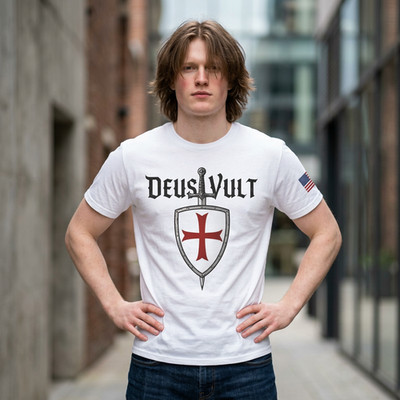 Deus Vult Heavy Cotton Tee Grad or Father's Day gift: flag on sleeve