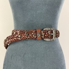Vintage 100 Leather Brown Braided Belt Metal Embellished Western 28"-36" Waist