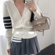 Thom Browne Womens Autumn Classic Four-Bar Macaron Cardigan Pleated Skirt Suit