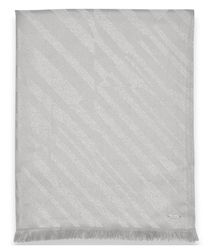 NWT CALVIN KLEIN Metallic Bias Geometric Logo Fringe Wrap Scarf Grey $58