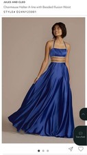 Royal Blue Satin Formal Dress Women Spaghetti Strap Beaded Waist Maxi Gown NWT